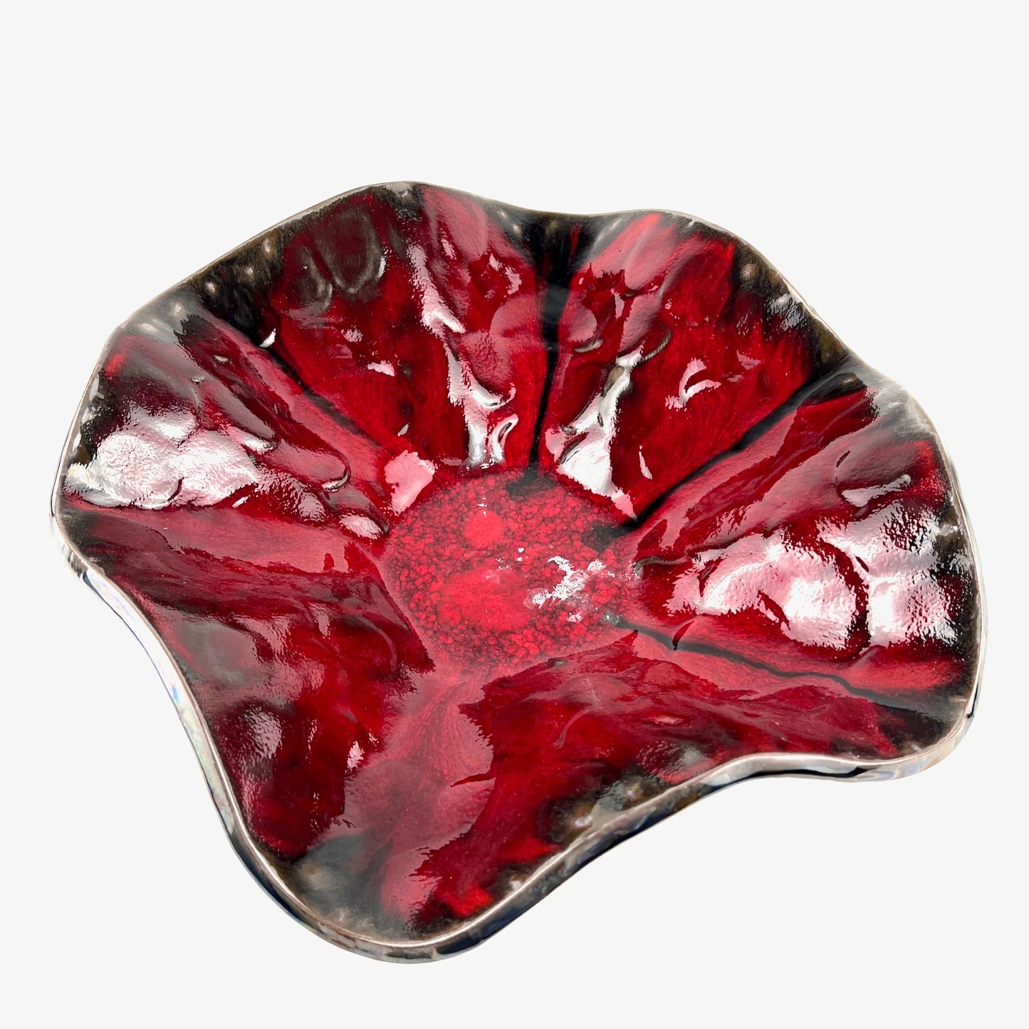 Handmade large-sized decorative ceramic bowl with a rich red interior and textured tree, ant, and beetle design.