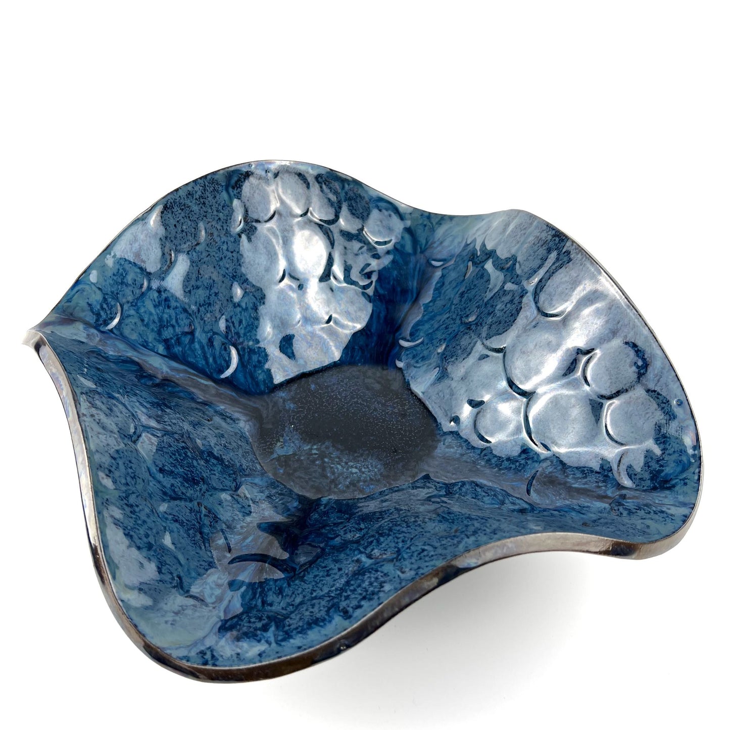 Handmade large-sized decorative ceramic bowl with a royal blue interior and textured sunshine and ant design.